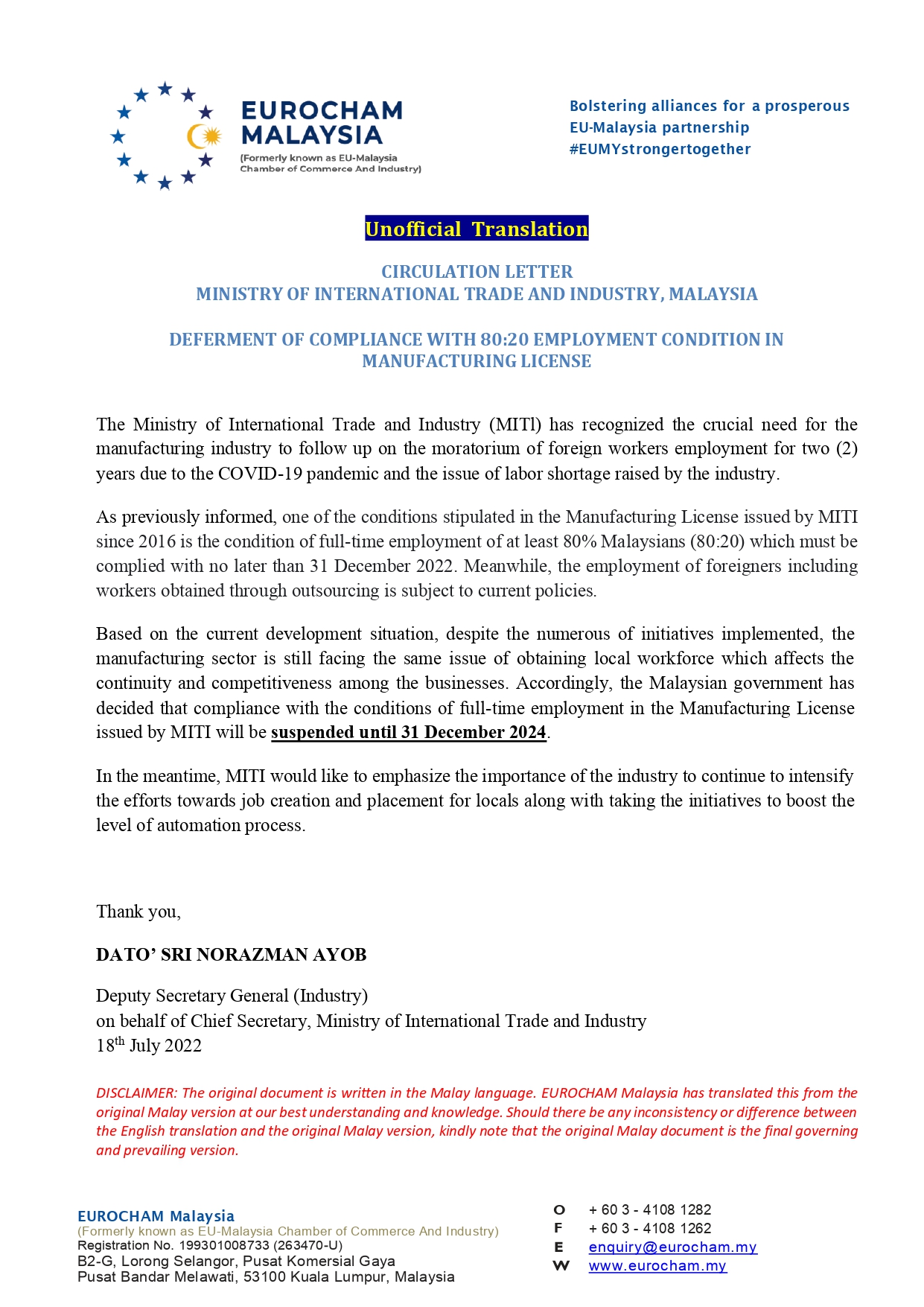 [CIRCULATION LETTER] MITI - DEFERMENT OF COMPLIANCE WITH 80:20 ...