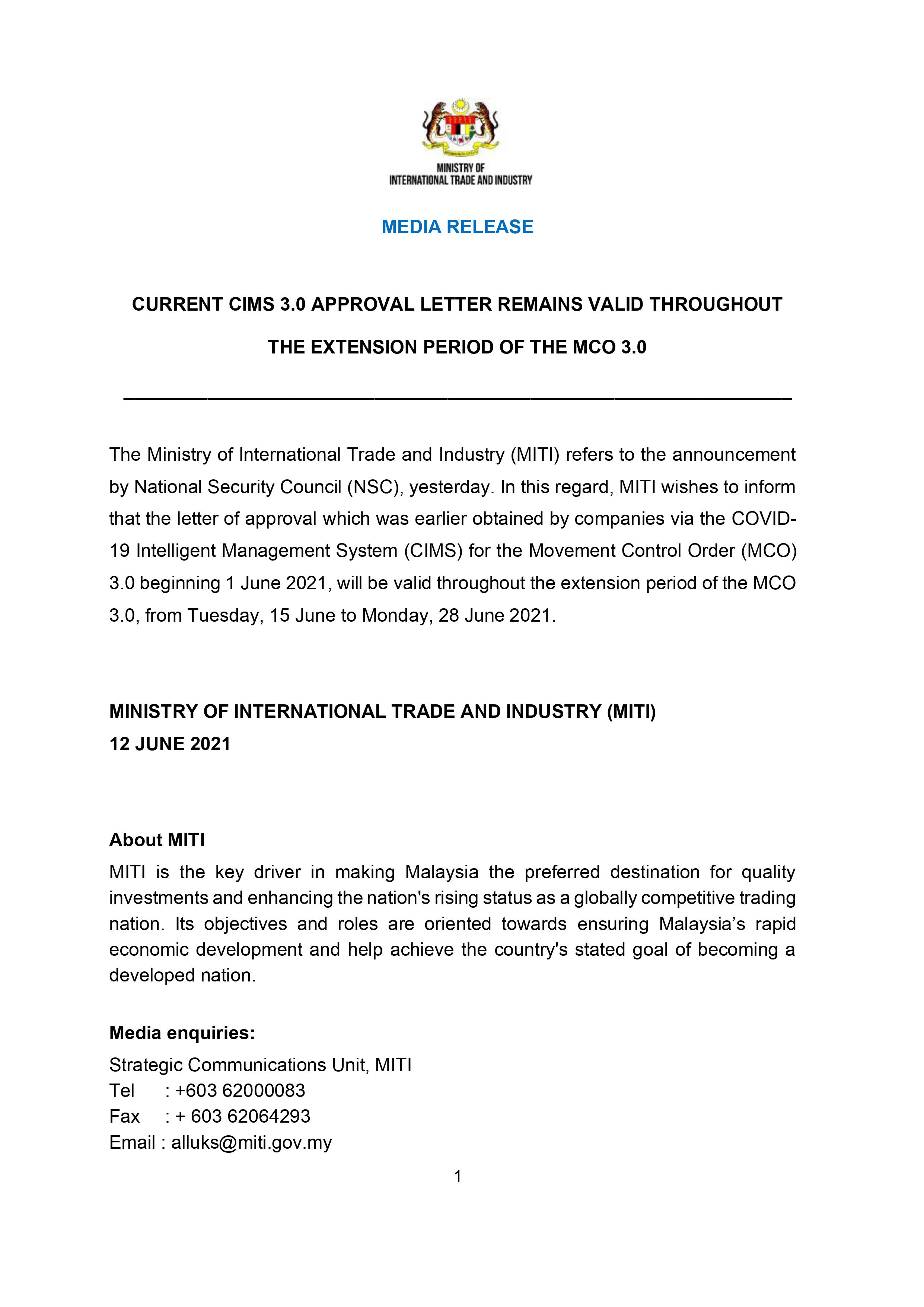 Update Current Cims 3 0 Approval Letter Remains Valid Throughout The Extension Period Of The Mco 3 0