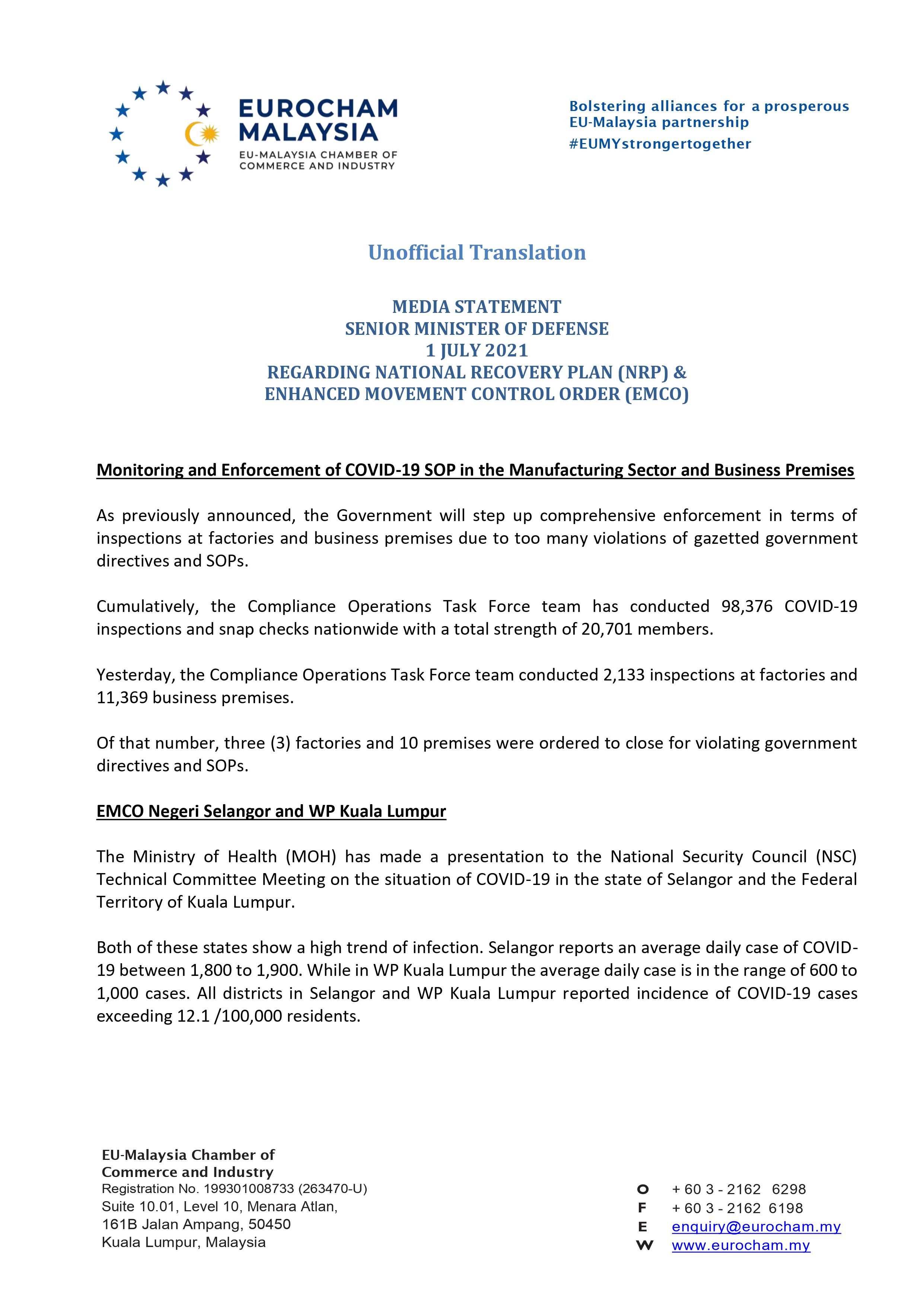 Media Statement Regarding National Recovery Plan Nrp Enhanced Movement Control Order Emco