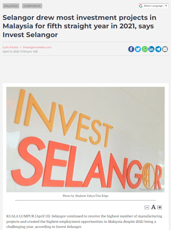 Selangor drew most investment projects in Malaysia for fifth straight