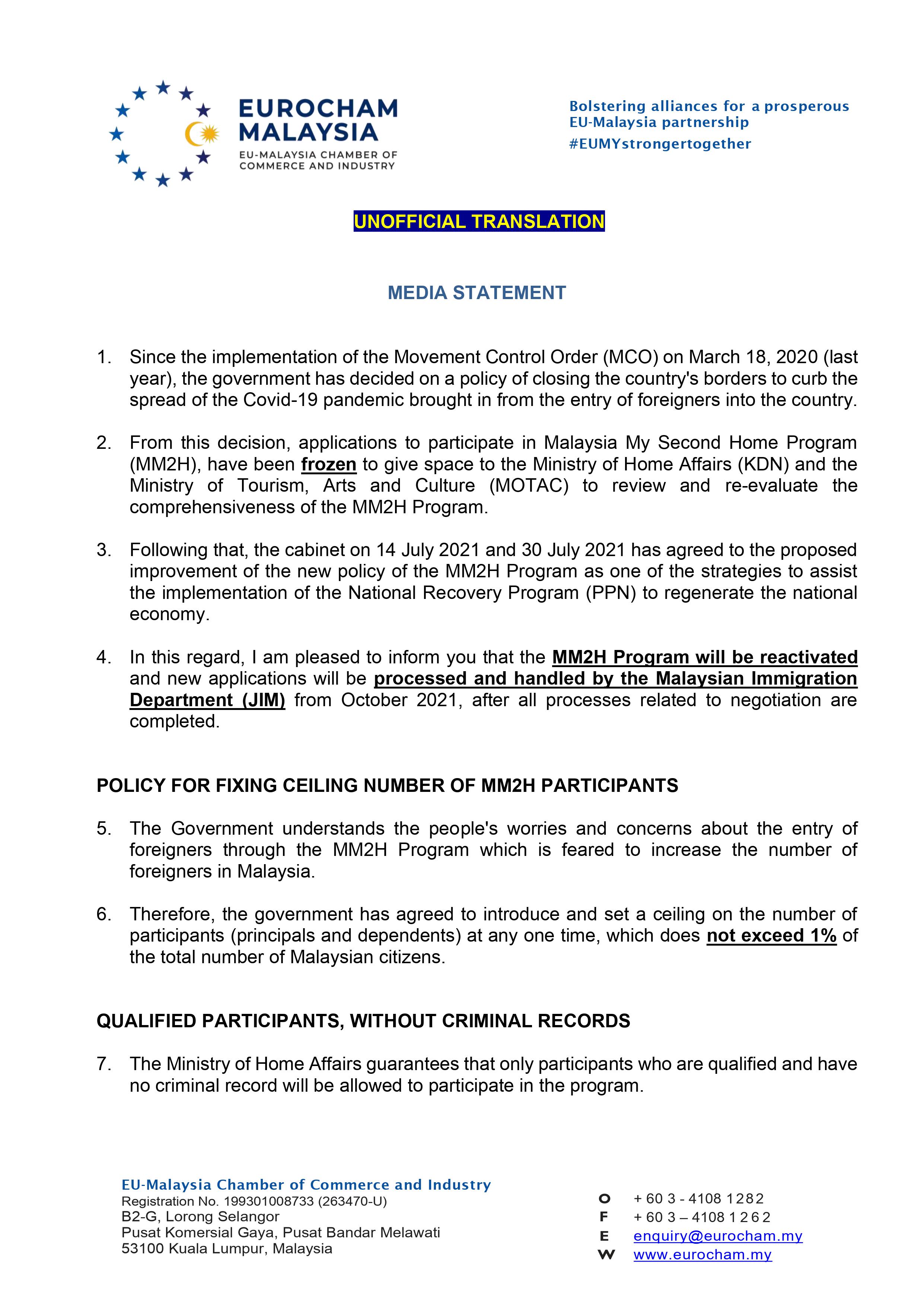 MEDIA STATEMENT MALAYSIA MY SECOND HOME PROGRAM (MM2H)